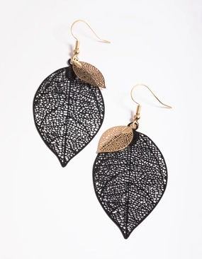 Unique Element Elegant Line Black Double Leaf Drop Earrings