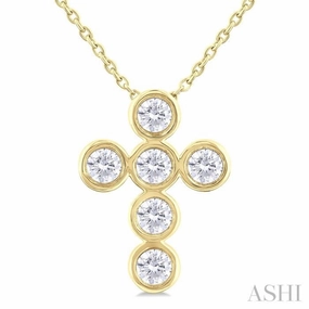 Pendant Jewelry Family Accent 1/2 Ctw Round Cut Diamond 6-Stone Bezel Set Cross Pendant With Chain in 14K Yellow Gold