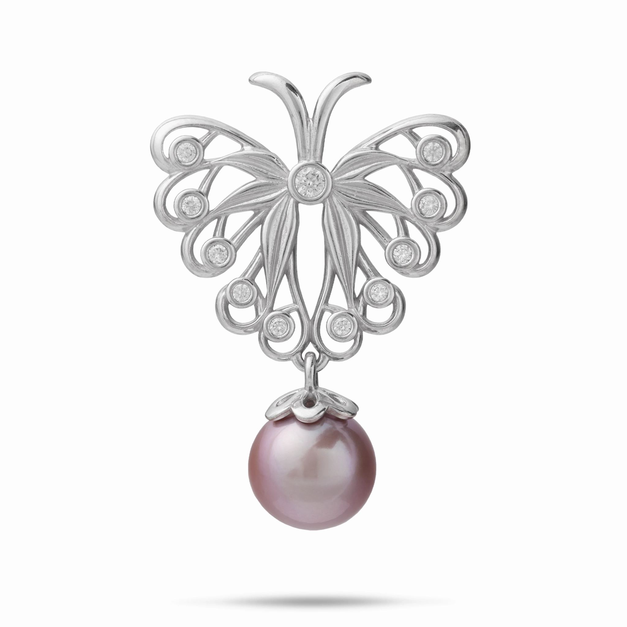 Timeless Present Modern Gift Pulelehua (Butterfly) Freshwater Pearl Pendant in Sterling Silver with Cubic Zirconia - 24mm