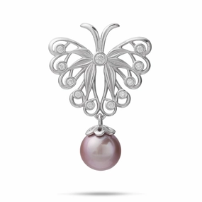 Timeless Present Modern Gift Pulelehua (Butterfly) Freshwater Pearl Pendant in Sterling Silver with Cubic Zirconia - 24mm