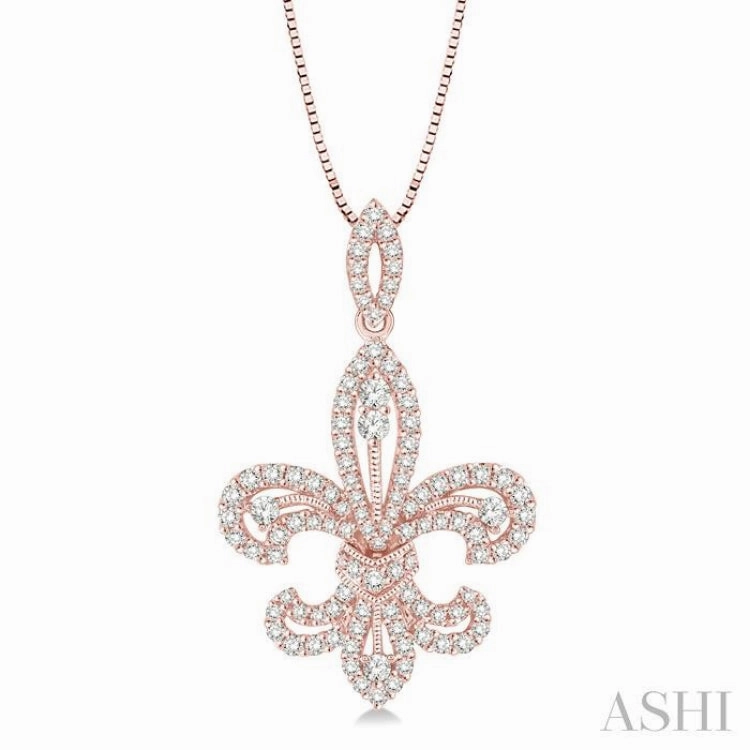 Trend Detail 7/8 Ctw Round Cut Diamond Fleur De Lis Diamond Pendant in 14K Rose Gold with Chain