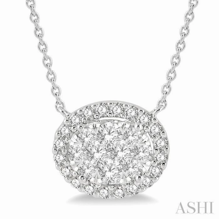 3/4 Ctw Oval Shape Round Cut Diamond Lovebright Pendant With Chain in 14K White Gold Comfort Wear Timeless Ornament
