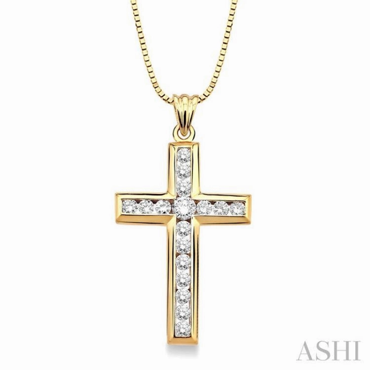 Beaded Piece Creative Detail 1 Ctw Round Cut Diamond Cross Pendant in 14K Yellow Gold with Chain