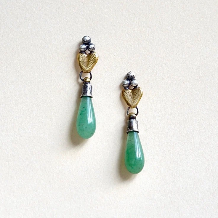 Sacred Heart Teardrop Earrings - Aventurine Gemstone, Oxidized Brass   Sterling Silver Bright Sparkle