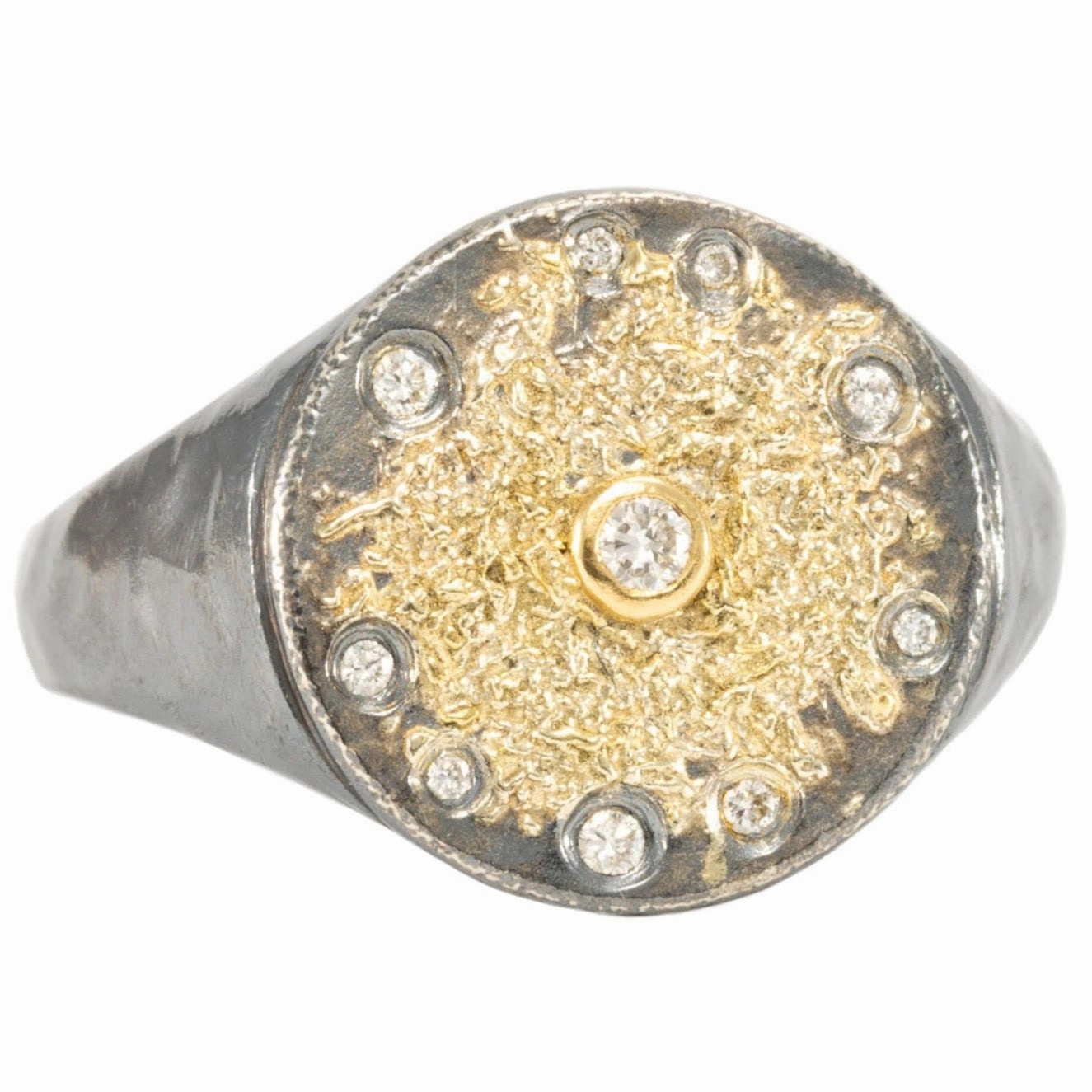 Starburst Signet - 22ky, 18ky, Oxidized Silver   VS Diamonds Modern Statement Artisan Style