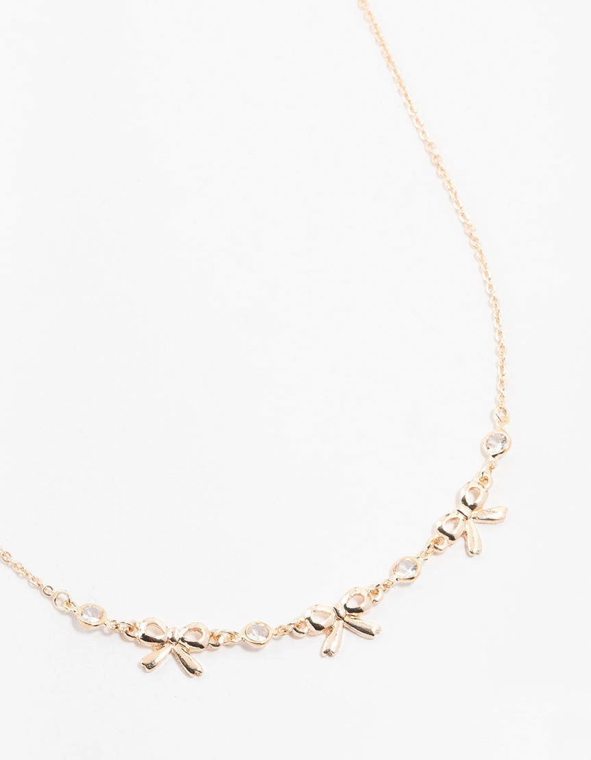 Rose Gold Station Diamante Bow Necklace Artisan Highlight Flawless Glam