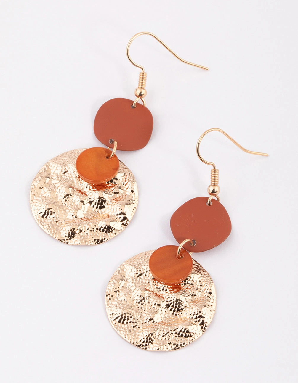 Trendy Layer Nature Inspired Brown Mixed Wrap & Hammered Disc Drop Earrings