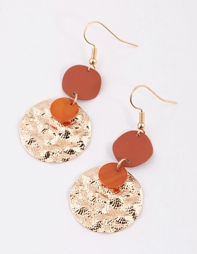 Trendy Layer Nature Inspired Brown Mixed Wrap & Hammered Disc Drop Earrings