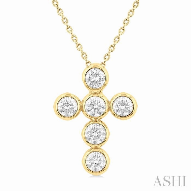winter accessory Sophisticated Edge 1 1/2 Ctw Round Cut Diamond 6-Stone Bezel Set Cross Pendant With Chain in 14K Yellow Gold