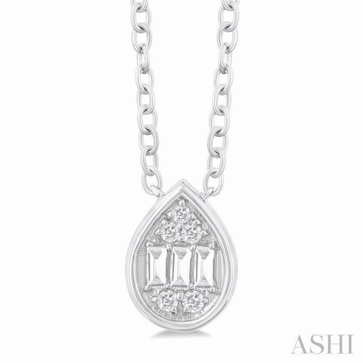 Stunning Accessory 1/6 Ctw Petite Bezel Set Pear Shape Fusion Baguette and Round Cut Diamond Fashion Pendant With Chain in 10K White Gold