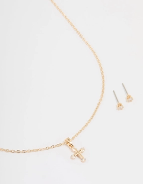 Travel Look Gold Cubic Zirconia Cross Necklace & Earrings Set