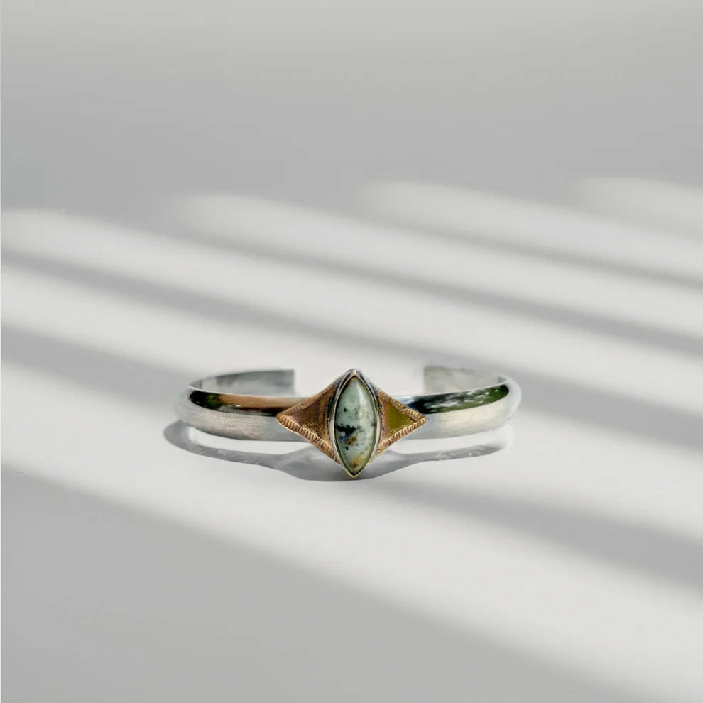 Celestial Cuff - Oxidized Brass, Sterling Silver   African Turquoise Fine Detailing Clean Style
