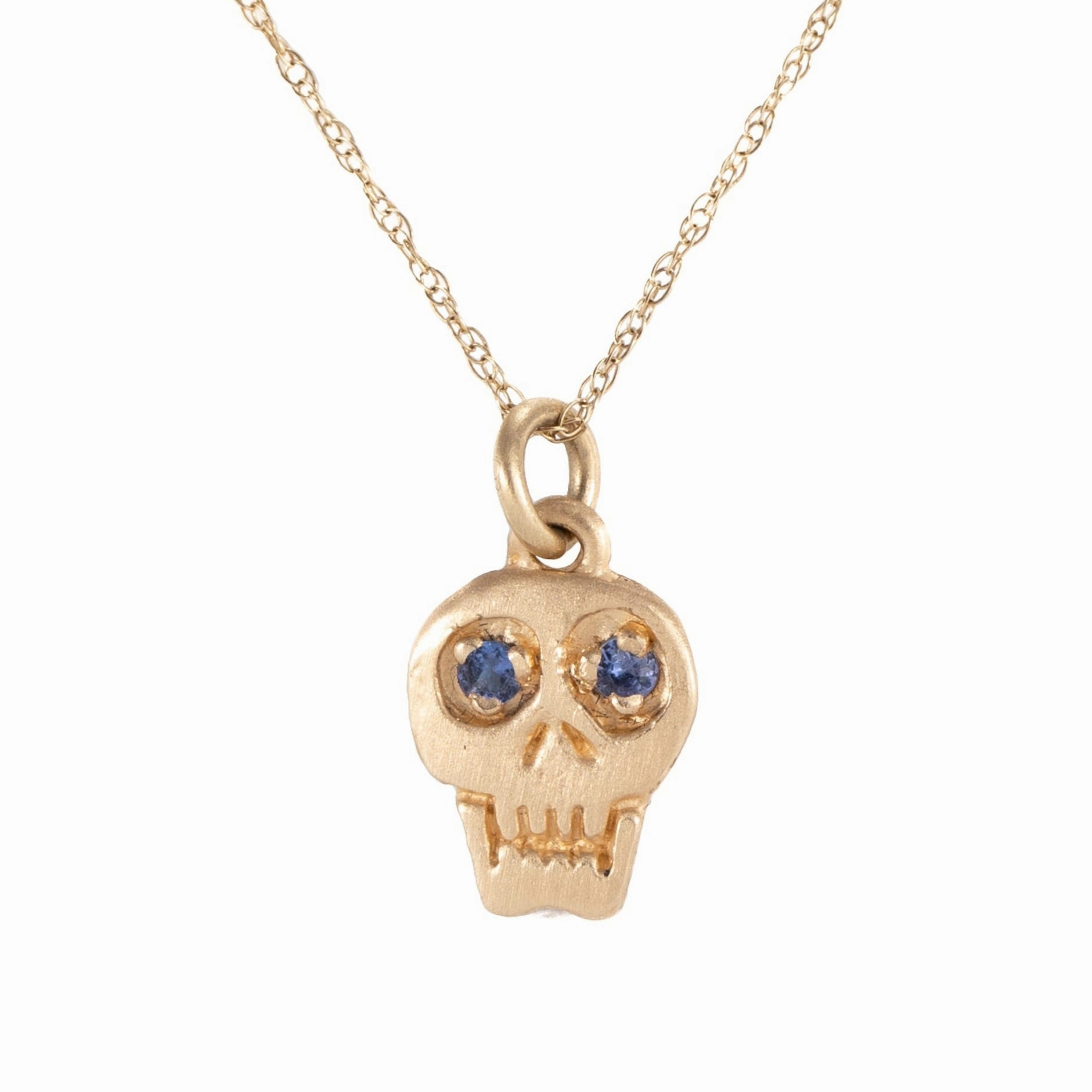 Formal Outfit Charmed Skull Blue Sapphire Necklace - 14k Gold