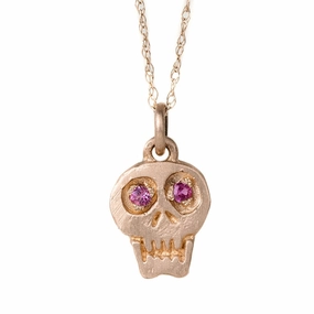 Splendid Shine Charmed Skull Hot Pink Sapphire Necklace - 14k Gold