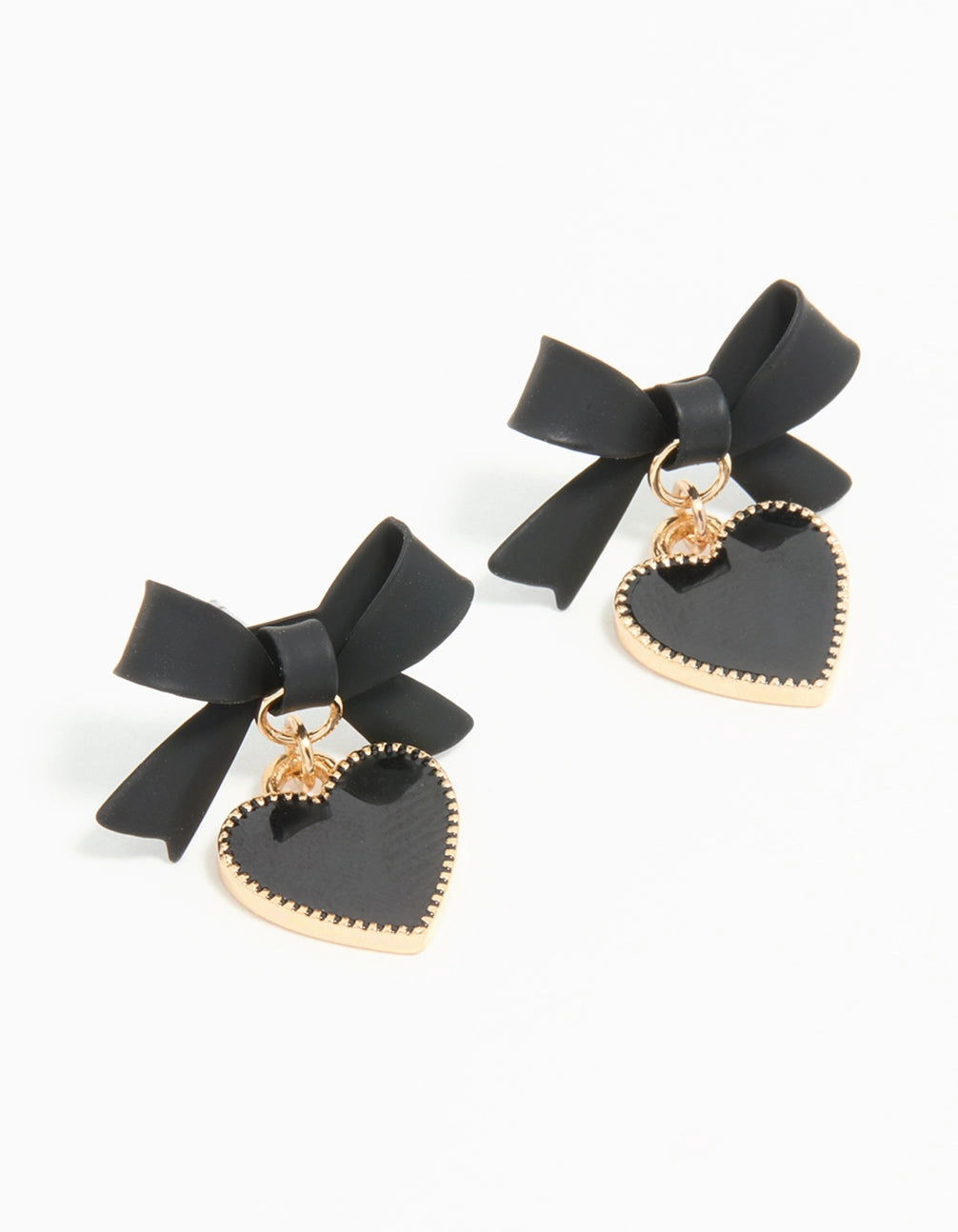 Gold Black Coated Metal Bow Drop Heart Stud Earrings Urban Touch