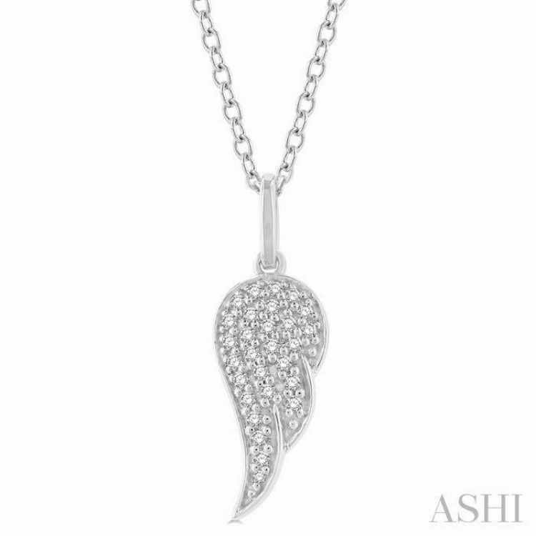 Extendable Piece 1/6 Ctw Petite Angel Wing Round Cut Diamond Fashion Pendant With Chain in 10K White Gold