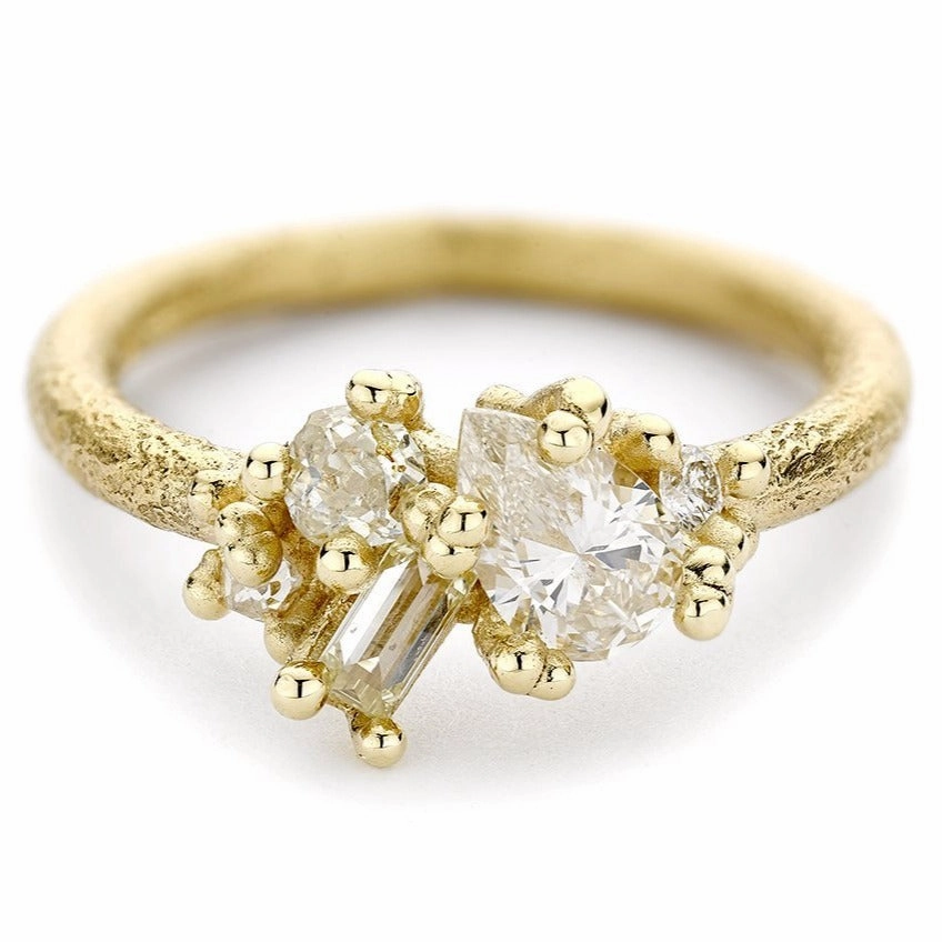 Contrast Cut Diamond Cluster Ring - 18k Gold   White   Champagne Diamonds Anniversary Gift Lustrous Finish