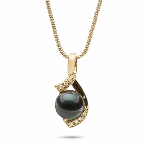 Work Environment Piece 18" Tahitian Black Pearl Pendant Necklace in Gold with Diamonds - 10-11mm