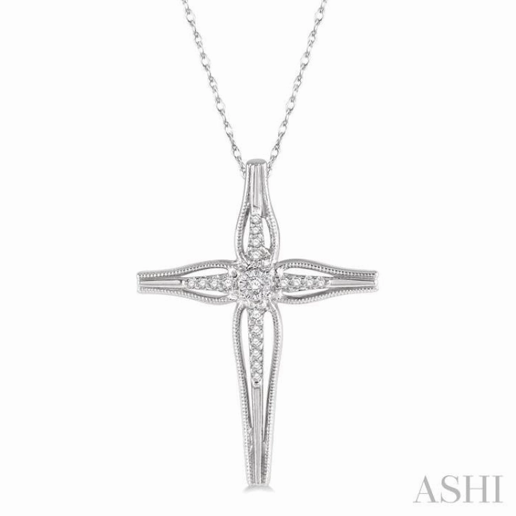Group Piece Budget-Friendly Ornament 1/10 Ctw Round Cut Diamond Cross Charm Fashion Pendant With Chain in 10K White Gold