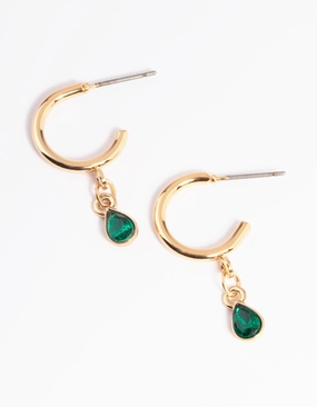 Delicate Edge Luxury Tone Green Teardrop Stone Drop Huggie Earrings