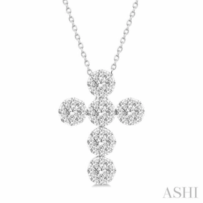 1 Ctw Lovebright Cross Round Cut Diamond Fashion Pendant With Chain in 14K White Gold Romantic Style Everyday Accent