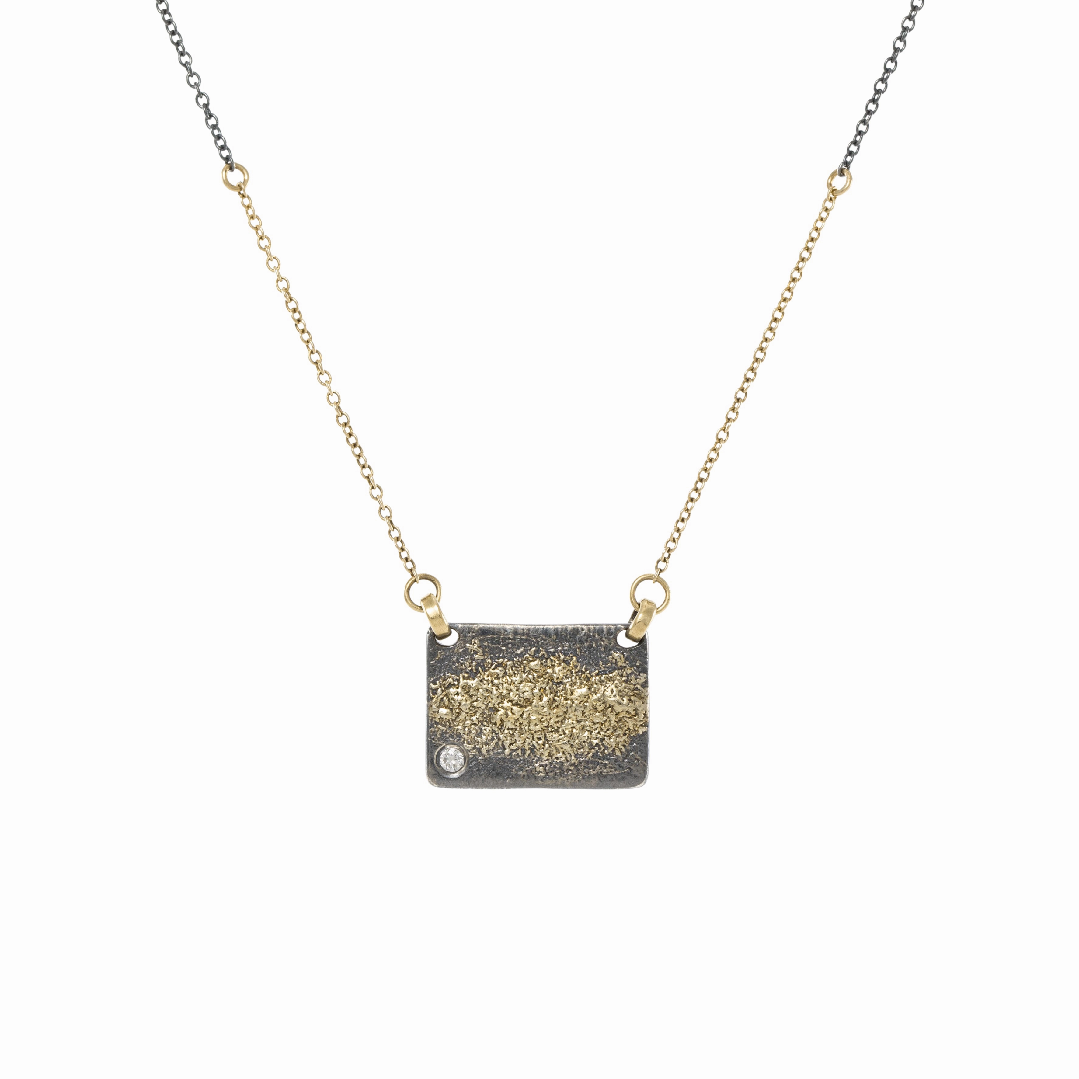 Glowing Detail City Block Necklace with 2 mm diamond   Two-Tone Chain - 22k/14ky Gold, Oxidized Silver   Natural VS White Diamond