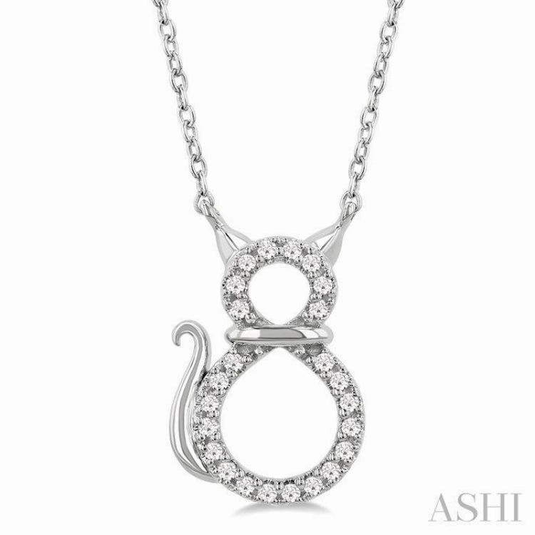 Custom Gift 1/10 Ctw Cat Shape Petite Single Cut Diamond Fashion Pendant With Chain in 10K White Gold