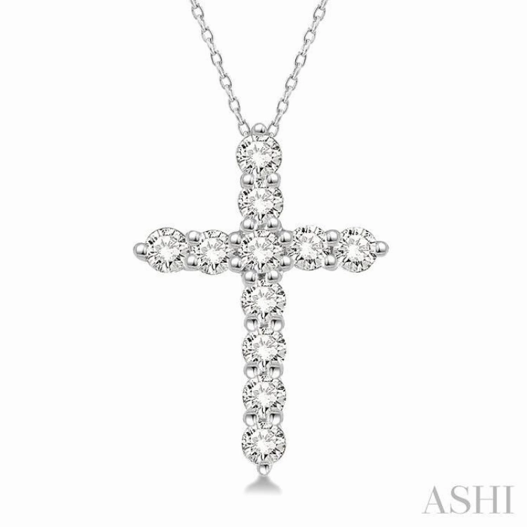 1/4 Ctw Round Cut Diamond Cross Pendant With Chain in 14K White Gold Stylish Present Stunning Gift