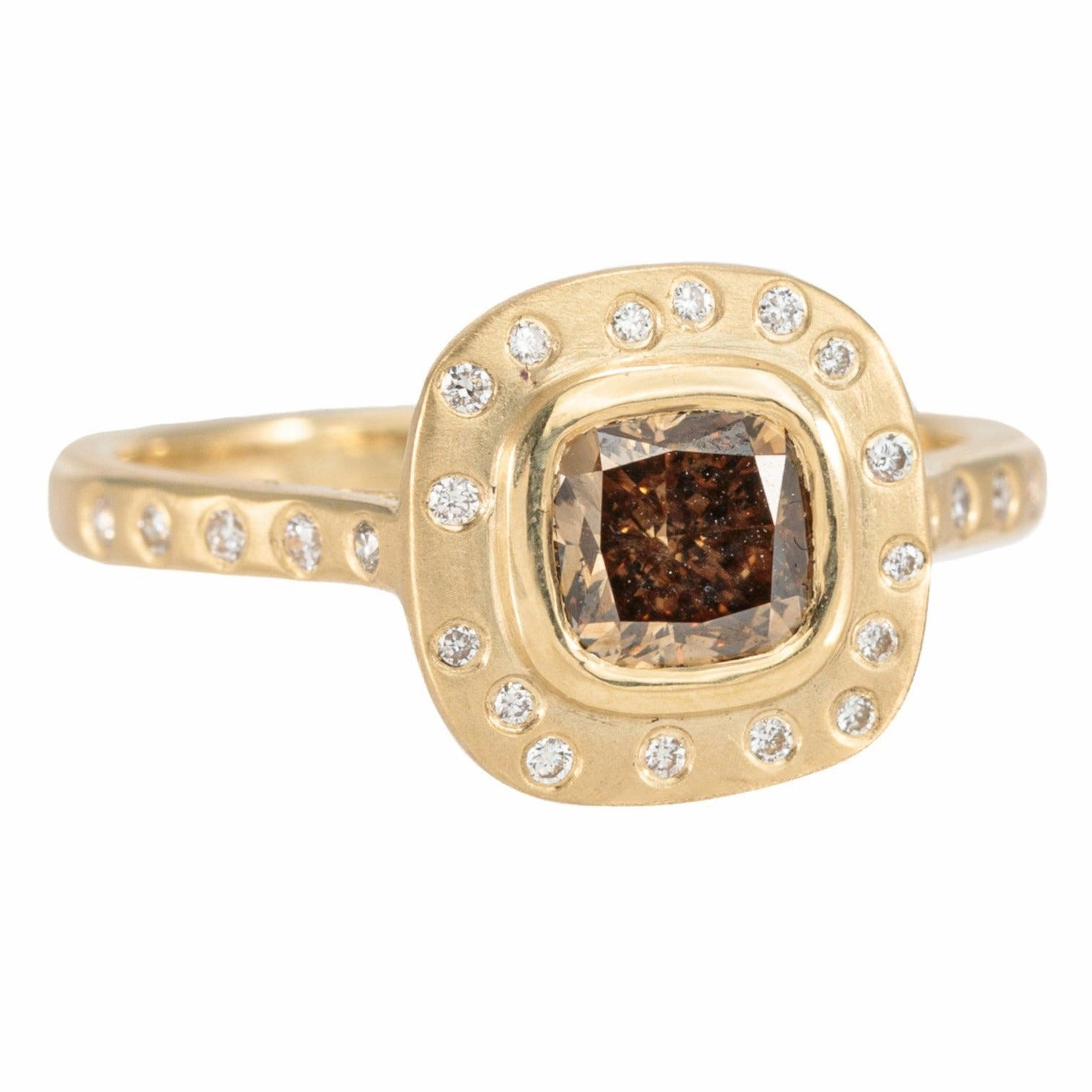 OOAK Champagne Cushion Cut Diamond Halo Ring    VS Accents - 18k Gold   Diamonds 6.5 Custom Finish Luxury Aura