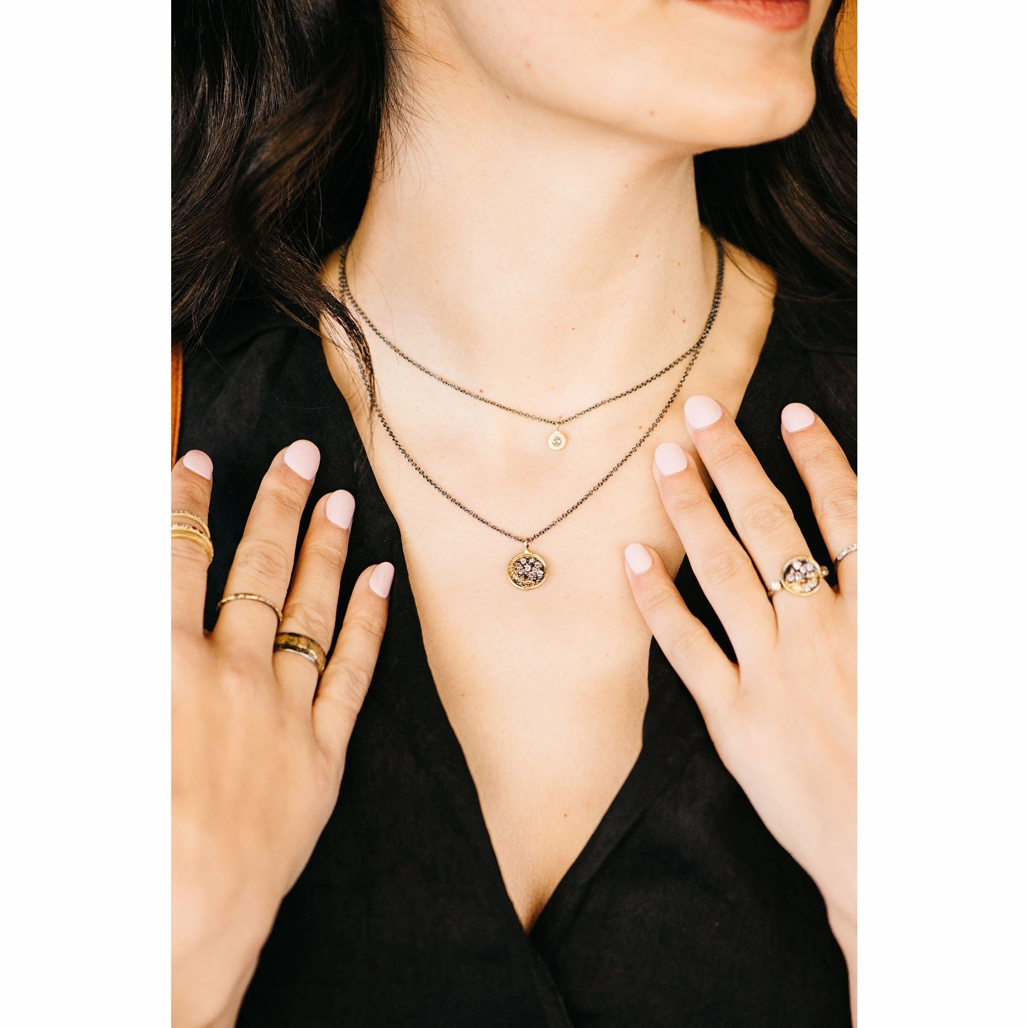 Pebble Necklace - 18k Gold, Oxidized Silver   Reclaimed Diamonds Warm Accent