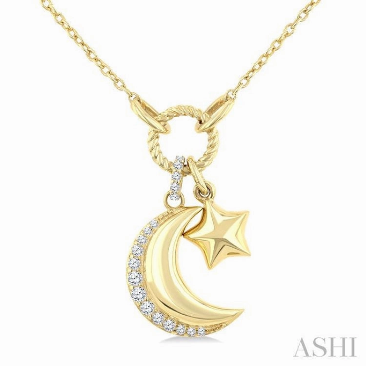 Luxury Finish 1/8 Ctw Crescent Moon & Star Charm Round Cut Diamond Fashion Pendant With Chain in 10K Yellow Gold