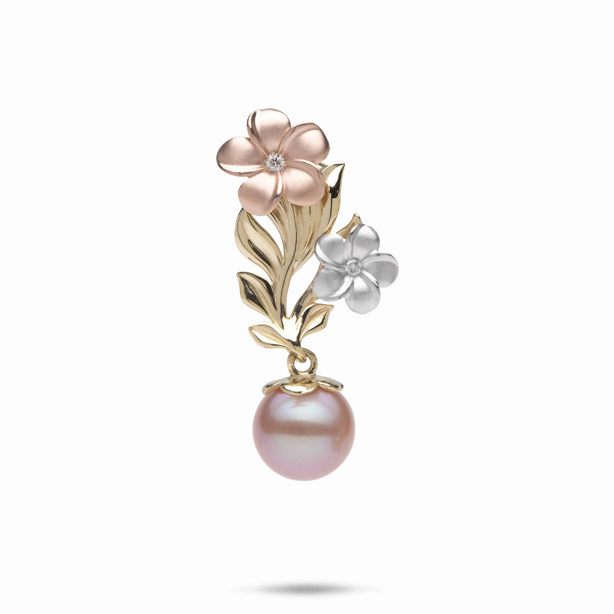 birthday party Pearls in Bloom Plumeria Lavender Freshwater Pearl Pendant in Tri Color Gold with Diamonds