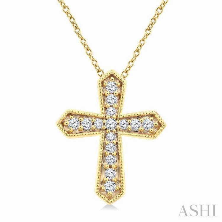 simple design 1/6 Ctw Round Cut Diamond Cross Petite Fashion Pendant With Chain in 10K Yellow Gold