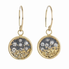 Traveler's Coin Drop Earrings - 22ky/18k/14ky Gold, Oxidized Silver and Natural Salt   Pepper Diamonds Morning Light