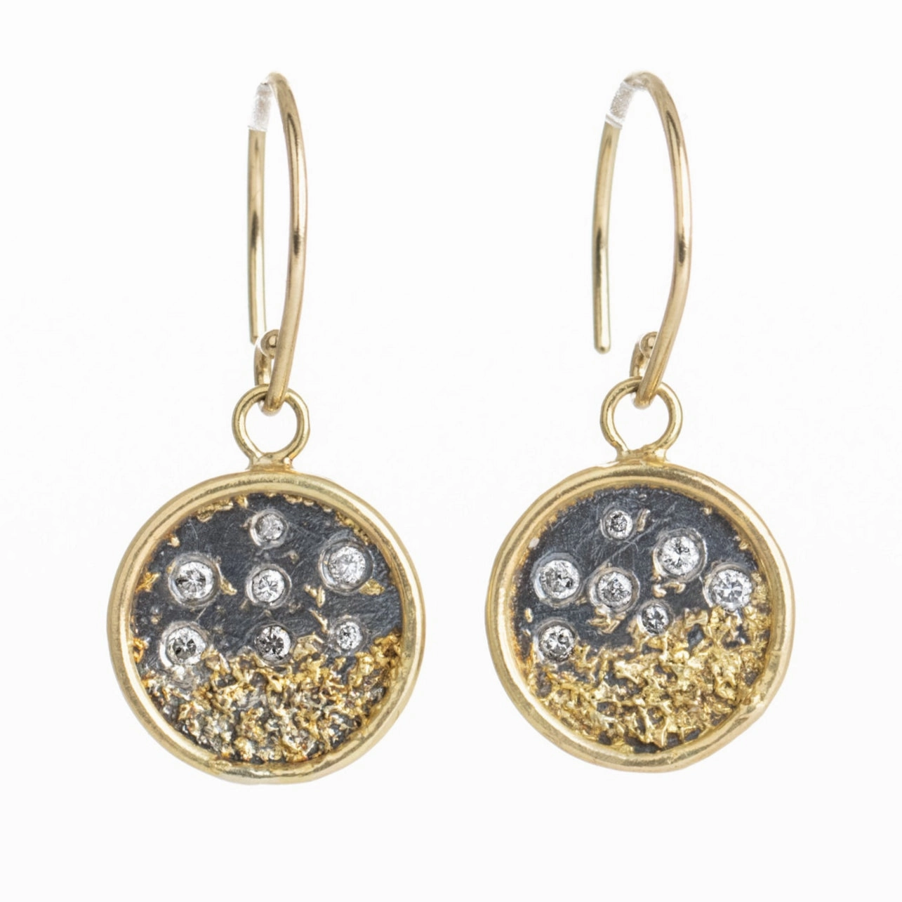 Traveler's Coin Drop Earrings - 22ky/18k/14ky Gold, Oxidized Silver and Natural Salt   Pepper Diamonds Morning Light