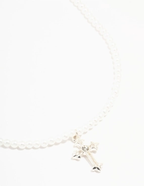 Silver Pearl Cross Pendant Necklace Luxury Touch Design Seasonal Edge