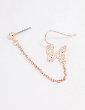Rose Gold Butterfly Drop Chain Earrings Polished Spark