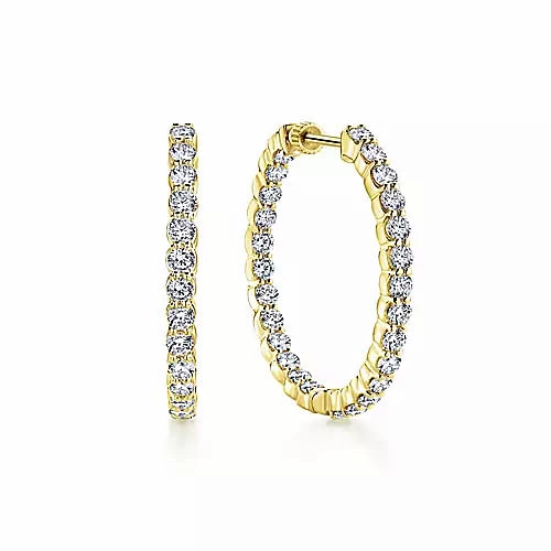 Attractive Piece 14K Yellow Gold 30mm Round Inside Out Diamond Hoop Earrings