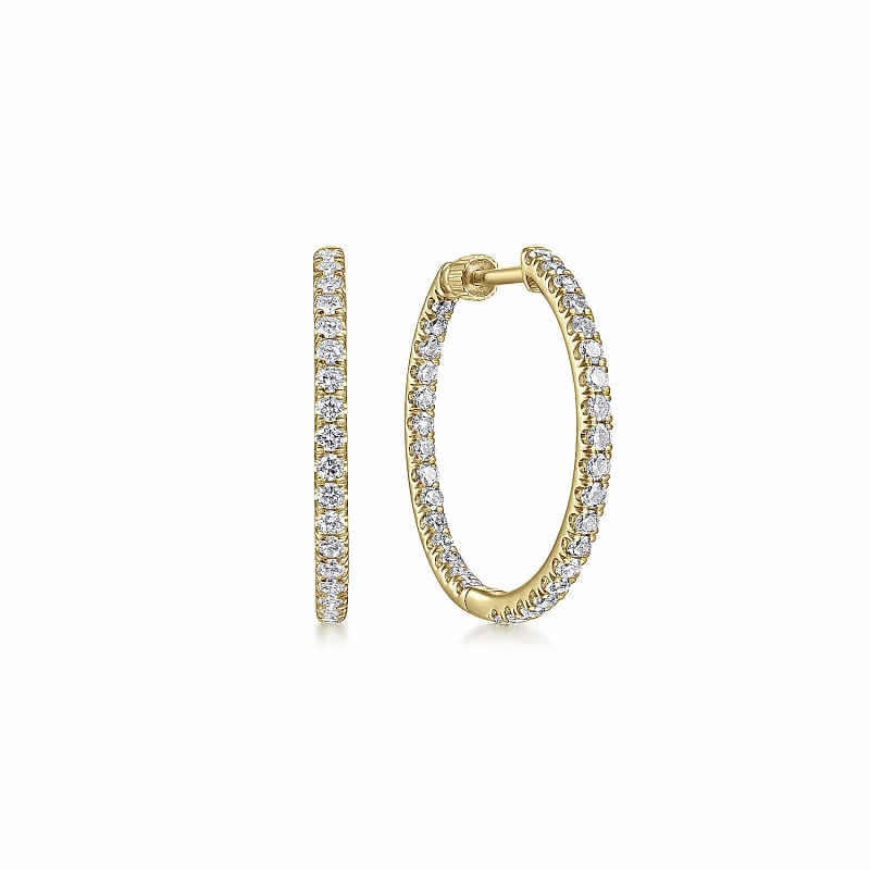 Shiny Finish Magnificent Accessory 14K Yellow Gold French Pave 20mm Round Inside Out Diamond Hoop Earrings