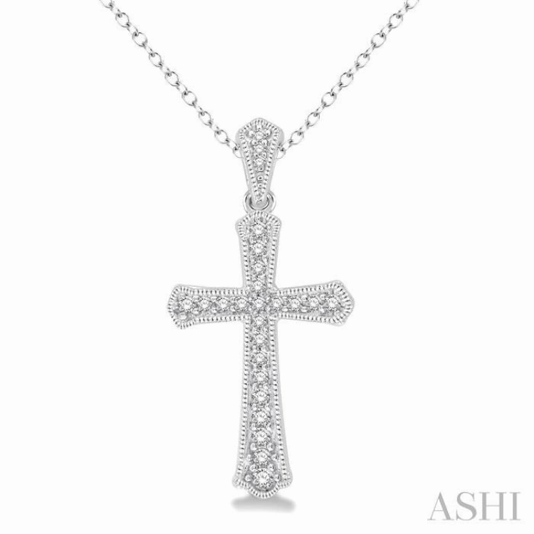 Affordable Present Cultural Gift 1/6 Ctw Cross Charm Round Cut Diamond Pendant With Link Chain in 10K White Gold