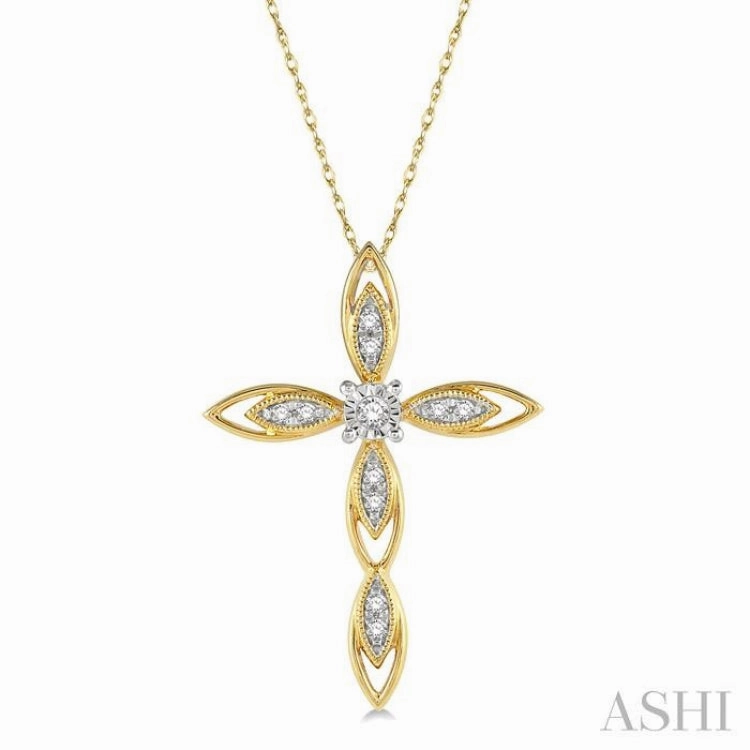 Excellent Piece 1/10 Ctw Extended Frame Marquise Cross Round Cut Diamond Pendant With Chain in 10K Yellow Gold