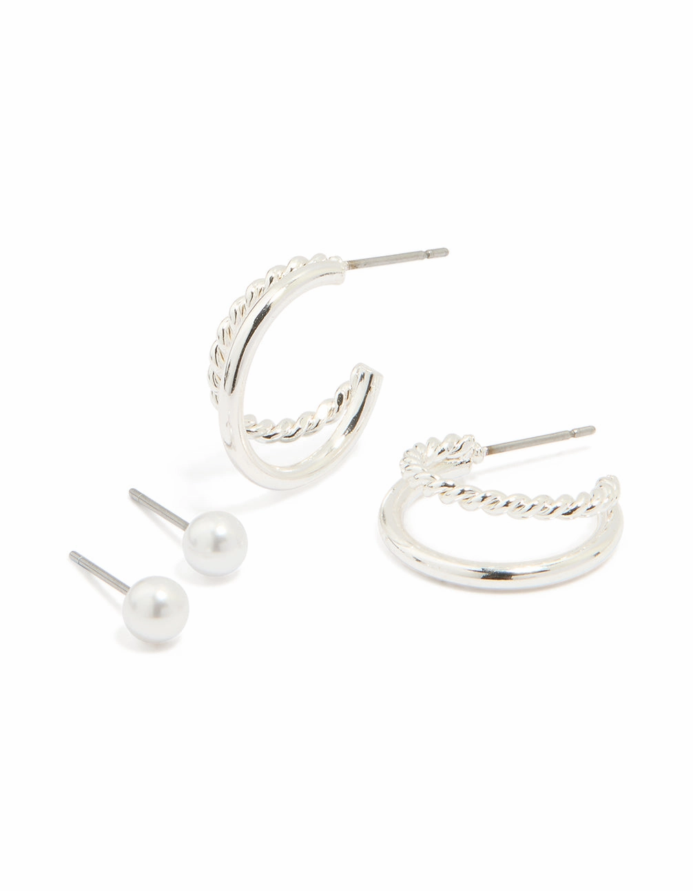 Silver Pearl Stud & Twisted Double Hoop Earrings 2-Pack Modern Fit