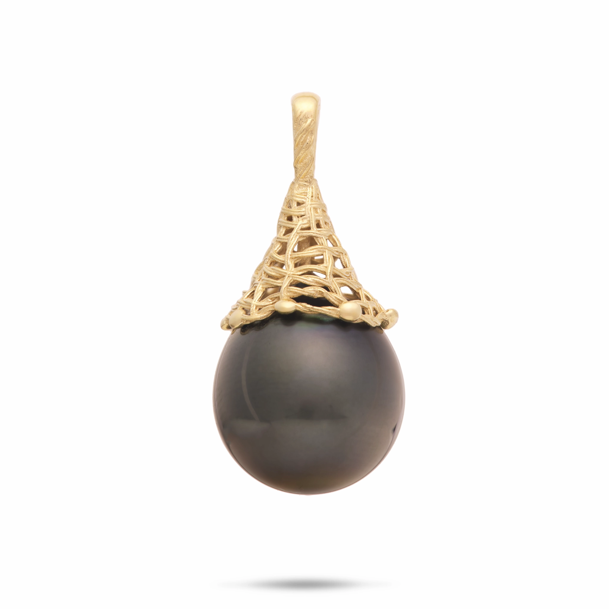Denoting Adornment Fish Net Tahitian Black Pearl Pendant in Gold - 14-17mm