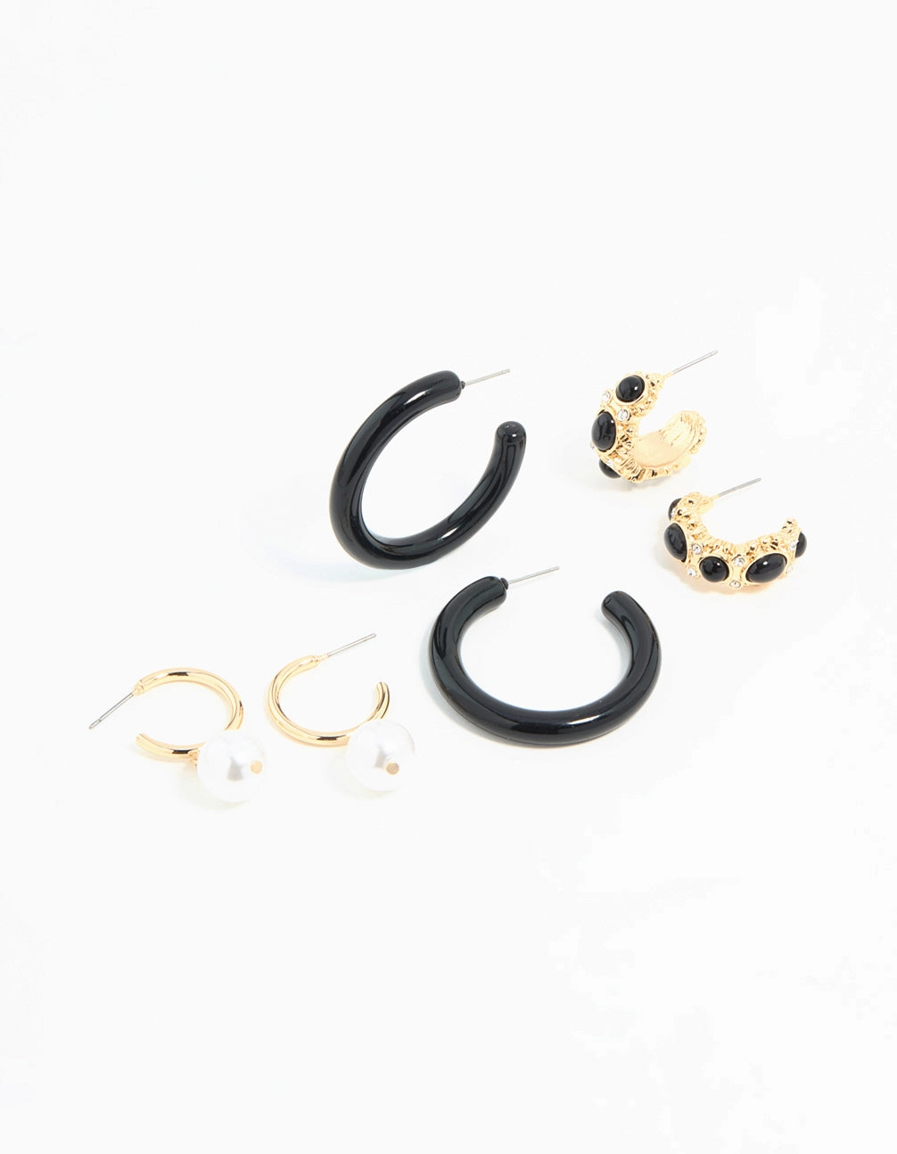 Elegant Shine Design Spark Touch Gold & Dark Blue Pearl  Drop Hoop Earrings 3-Pack