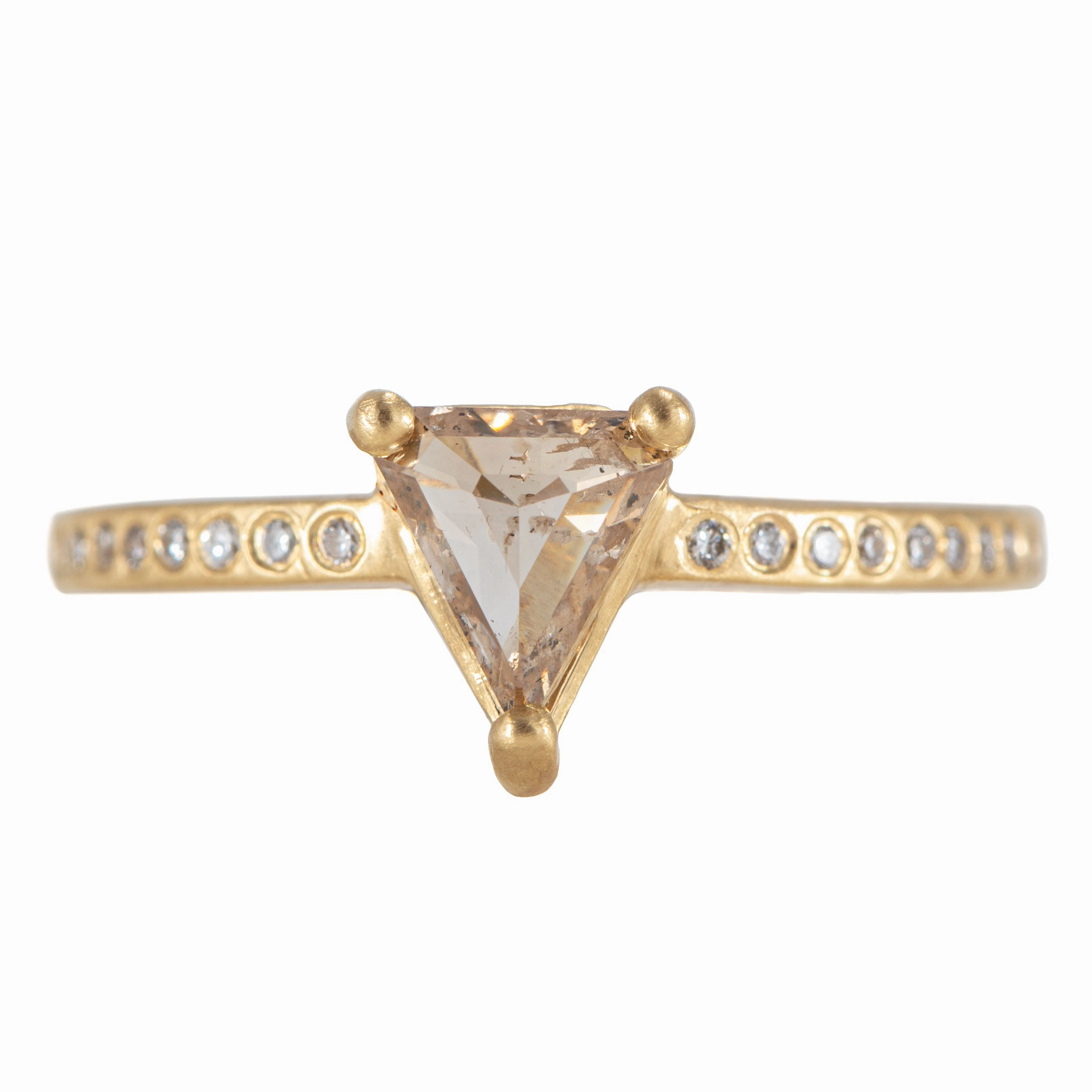 Outdoor Style OOAK Champagne Trillion Shaped Diamond Ring - 18k Gold   Flush Set Diamond
