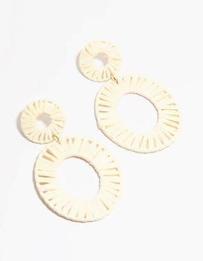 Glitter Finish Cream Raffia Fabric Double Disc Drop Earrings