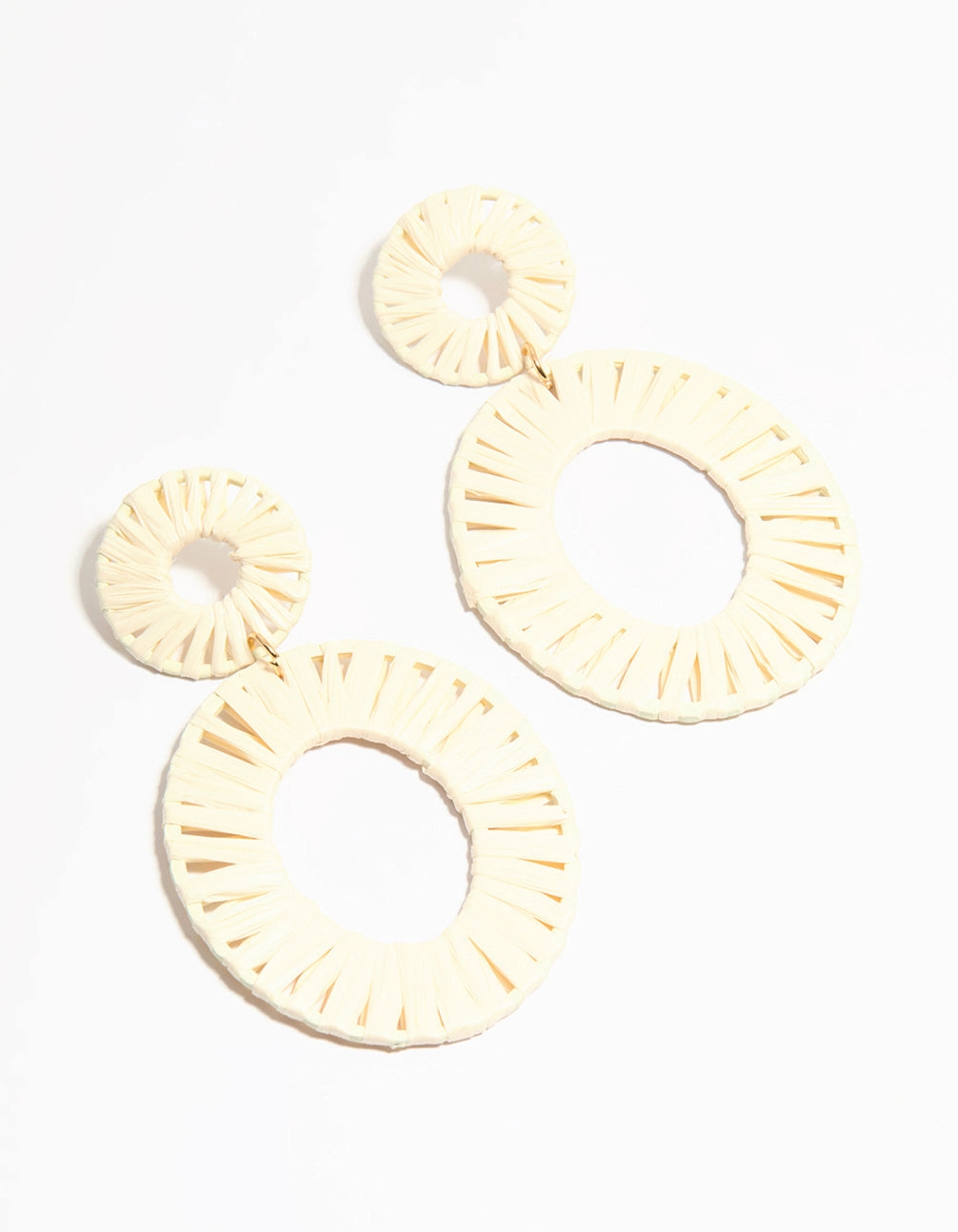 Glitter Finish Cream Raffia Fabric Double Disc Drop Earrings