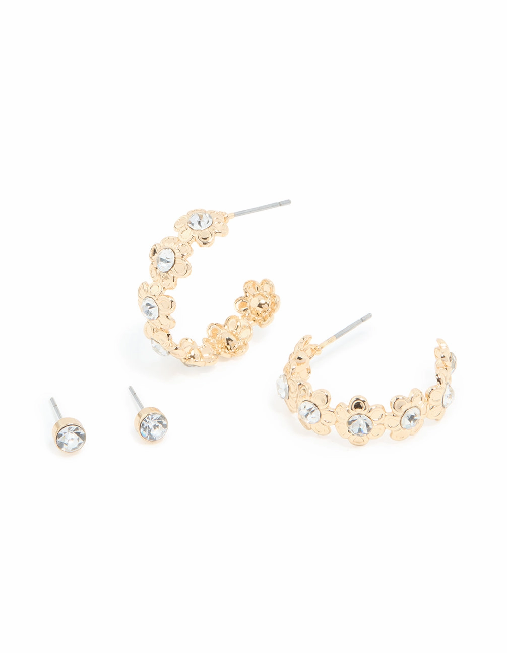 Exquisite Accent Occasion Style Gold Diamante Flower Hoop & Classic Stud Earrings 2-Pack