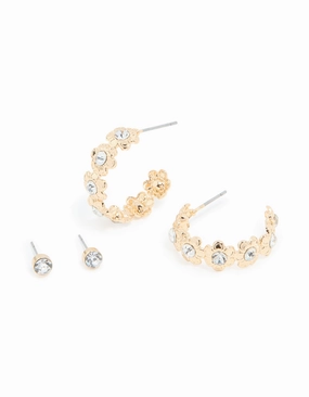 Exquisite Accent Occasion Style Gold Diamante Flower Hoop & Classic Stud Earrings 2-Pack