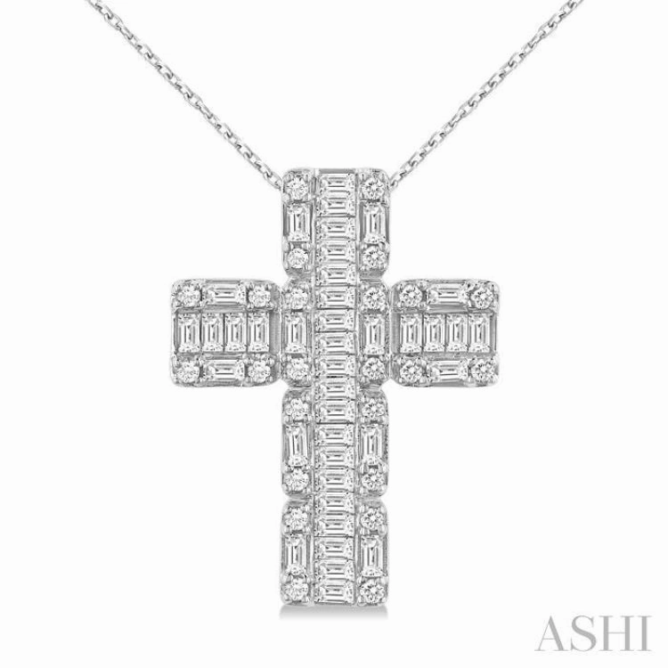Fashion Present Body Adornment 1 Ctw Fusion Baguette and Round Cut Diamond Cross Fashion Pendant With Chain in 14K White Gold